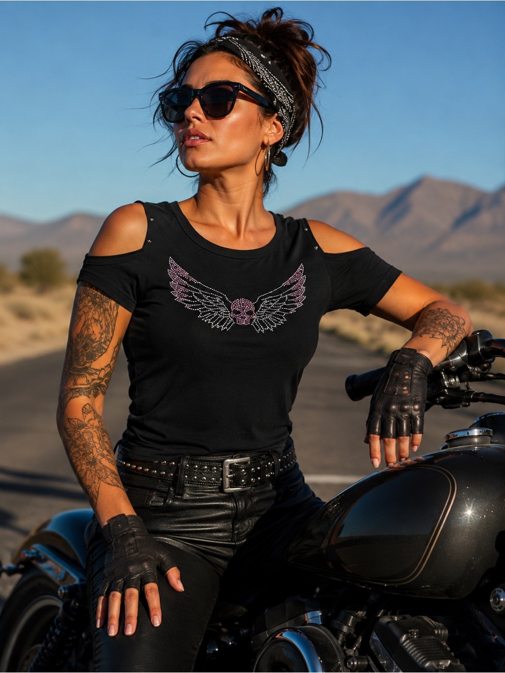 Sports Gallery Skull with Wings cold shoulder embellished tee-Size Large